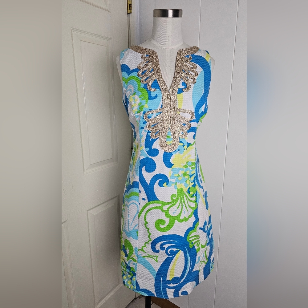 Lilly Pulitzer Iconic Janice Gold Trim Shift Dress $198 Size 2
